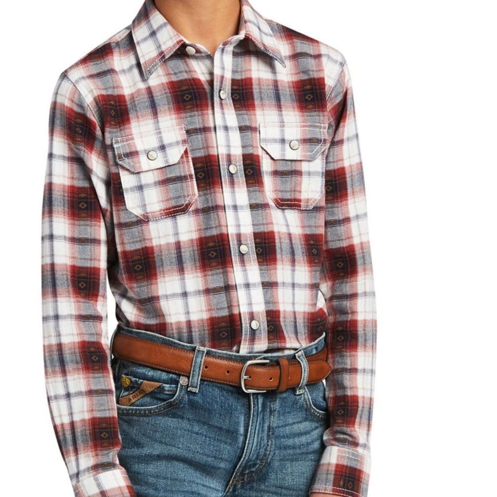 ARIAT BOYS' HAYNE RETRO PLAID PRINT LONG SLEEVE SNAP WESTERN SHIRT medium NEW